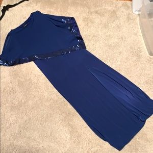 Elegant navy long sleeveless dress w/ overlap top